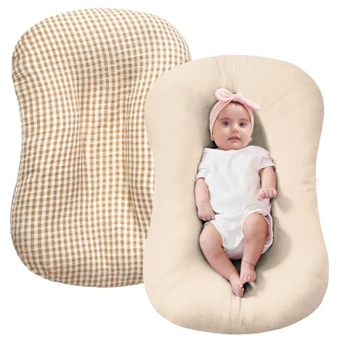 FUNUPUP Muslin Baby Lounger Cover Compatible with Snuggle Me Lounger, Infant Pillow Cover for Newborn, Removable Nest Slipcover for Boys and Girls, Only Cover, Beige and Plaid | Amazon (US)