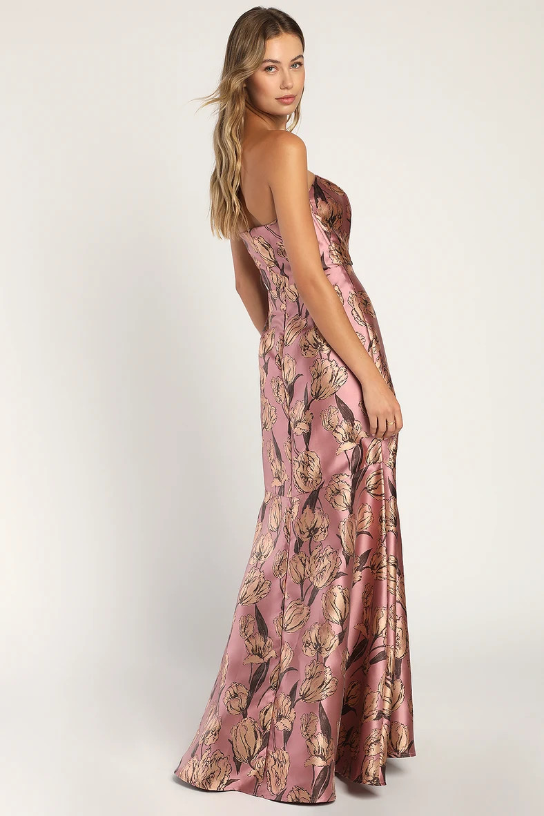 Gowning Around Mauve Floral Jacquard Strapless Maxi Dress | Lulus