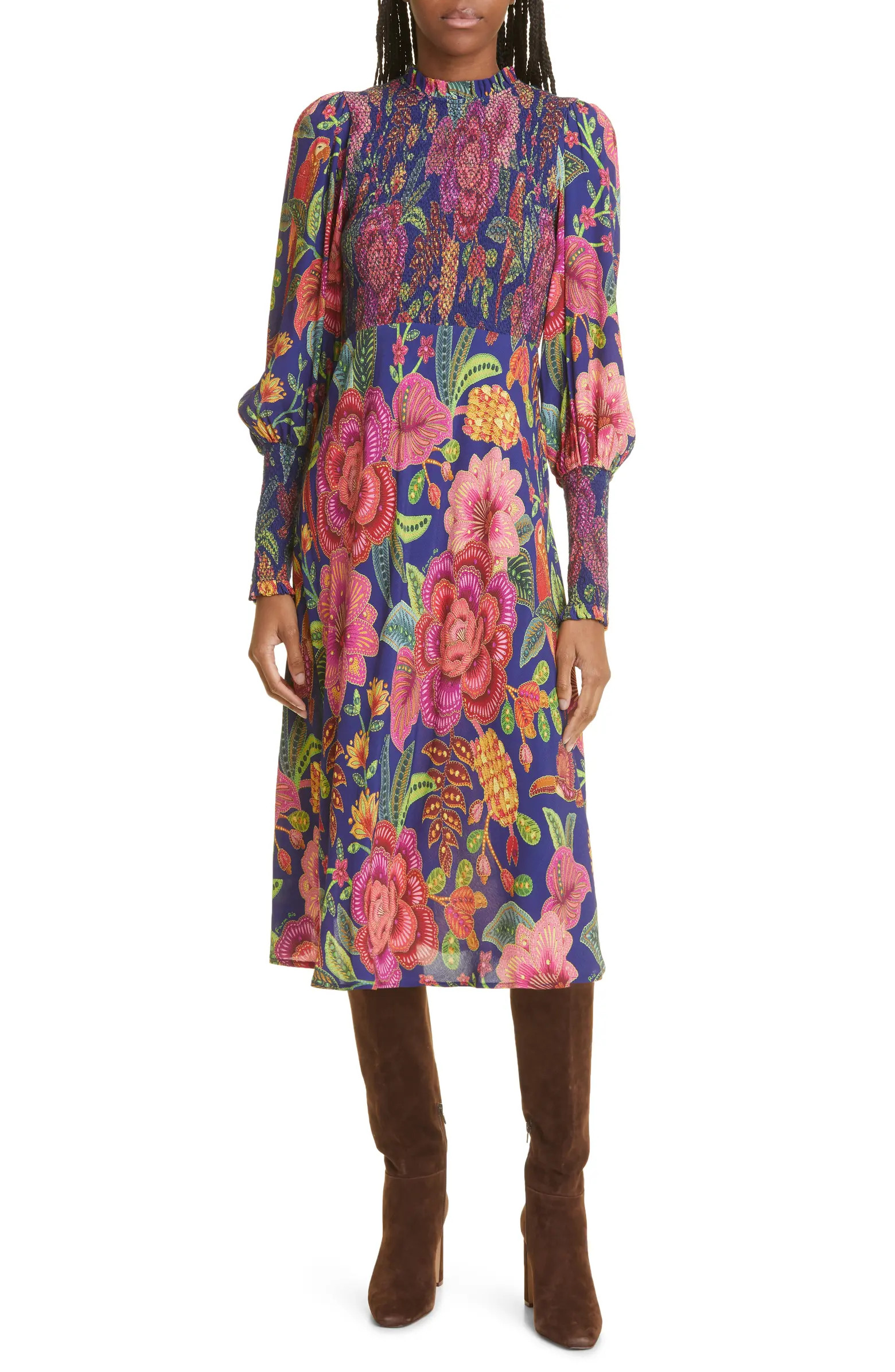 FARM Rio Macaw Bloom Floral Smocked Mock Neck Juliet Sleeve Dress | Nordstrom | Nordstrom