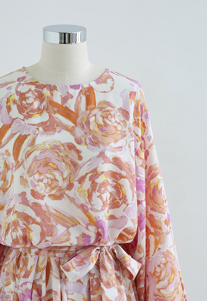 Rose Painting Bubble Sleeves Frilling Dress | Chicwish