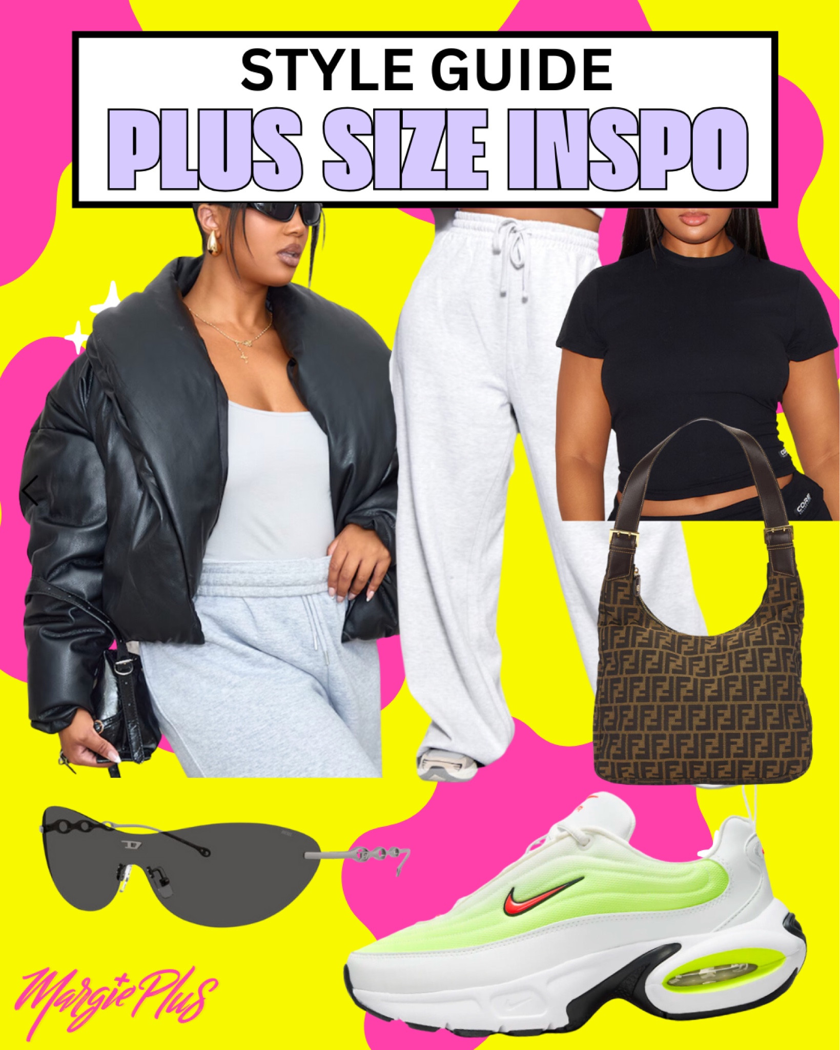 PLUS SIZE Style Inspo serving casual cutie running errands so want to be comfortable in sweats but still cute in this leather look puffer and cool sunglasses and LOVE the new Niki sneakers with neon detail #shopping #plussize 

#LTKPlusSize #LTKStyleTip
