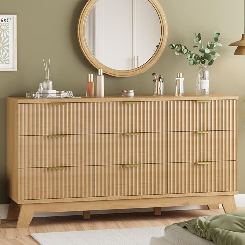 Fluted Dresser for Bedroom with 9 Drawers, 57" Wide Modern Chest of Drawers with Metal Handle, Wooden Dresser TV Stand, Wood Closet Clothes Storage Organizer for Living Room, Hallway, Natural Oak | Amazon (US)