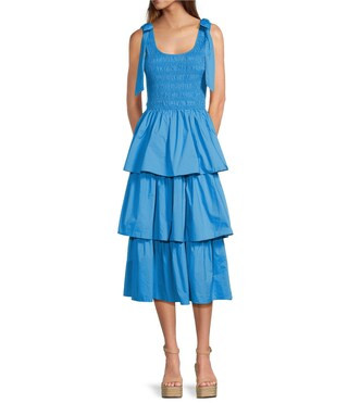 Skies Are Blue Poplin Square Neck Tie Strap Sleeveless Ruffle Tiered Midi Dress | Dillard's | Dillard's