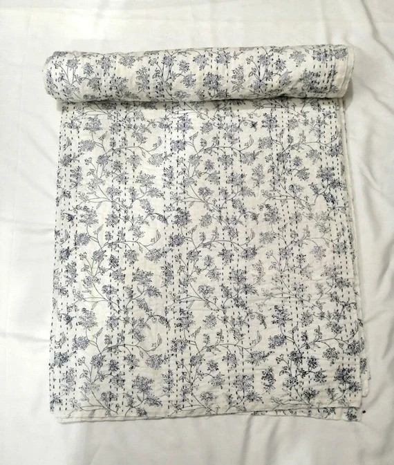 Indian Kantha Quilt Queen Kantha Bedspread White And Blue Floral Print Quilt Handmade Kantha Thro... | Etsy (US)