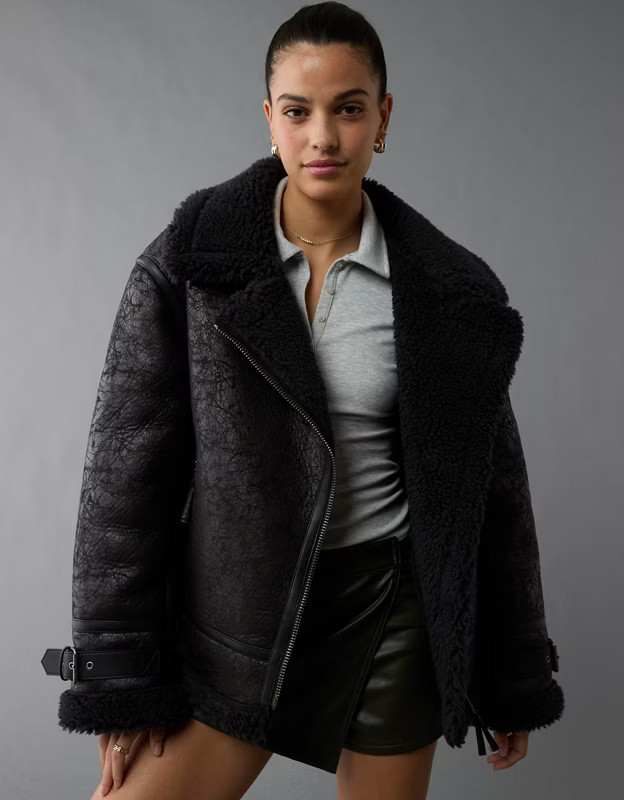 AE Oversized Shearling Biker Jacket | American Eagle Outfitters (US & CA)