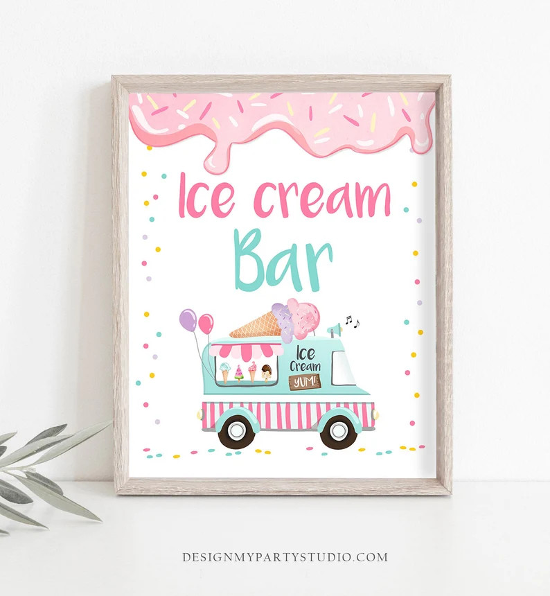 Ice Cream Bar Sign Ice Cream Social Birthday Ice Cream Truck Party Sign Ice Cream Table Sign Pink... | Etsy (US)