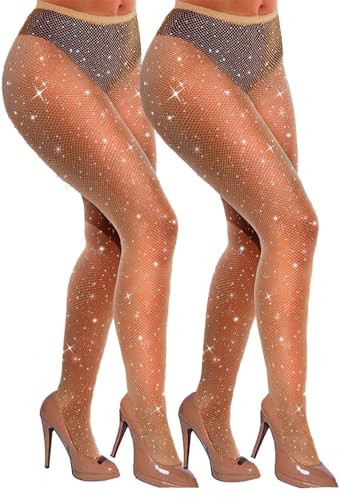 VEBZIN 2 Pair Nude Sparkly Fishnets Tights Rhinestone Party Fishnet Leggings Stockings Glitter Skin Colored Tights High Waist Pantyhose For Women | Amazon (US)
