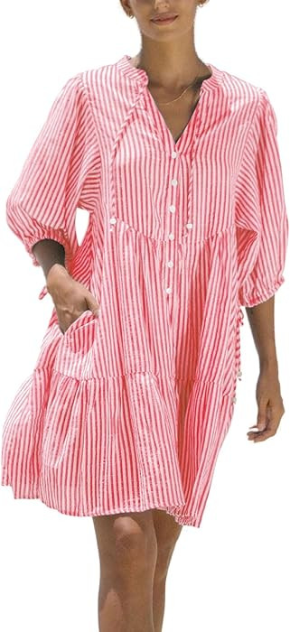 chouyatou Women's Summer V-Neck Casual Striped Midi Shirt Dress Tiered Boho Beach Tunic Babydoll ... | Amazon (US)
