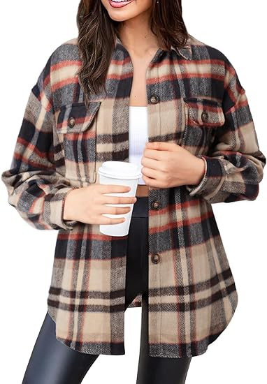 NIeyook Women's Casual Plaid Flannel Shacket Jacket Oversized Long Sleeve Button Down Shirts Jack... | Amazon (US)