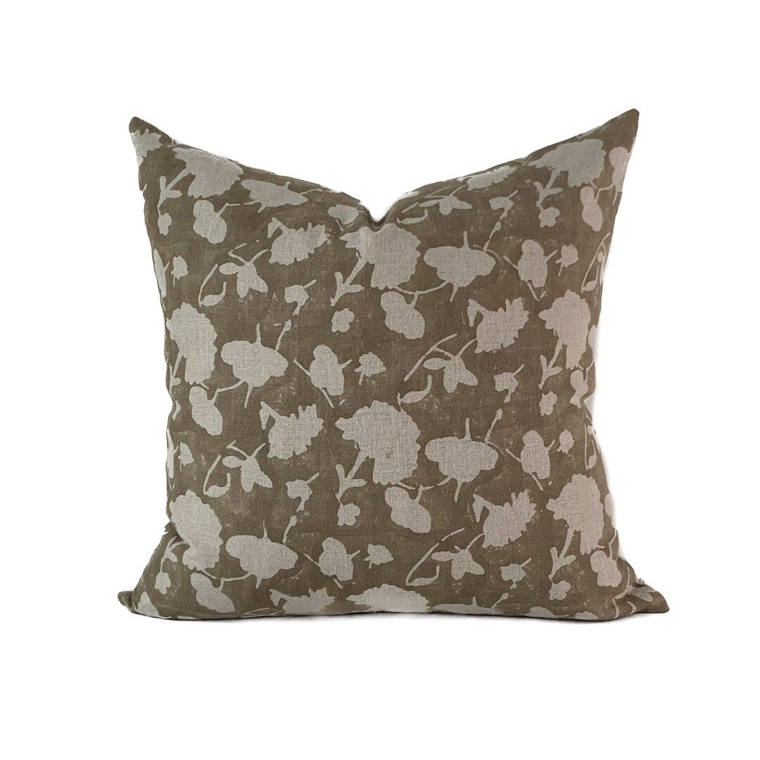 Linen Block Print Pillow Cover, Muted Brown Modern Farmhouse Cushion Cover, 18x18, 20x20, 22x22 | Etsy (US)