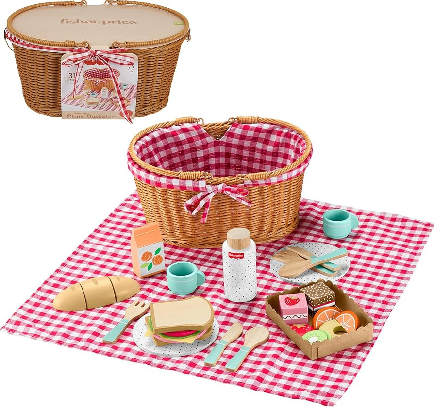 Fisher-Price Wood Pretend Play Toy Picnic Basket, 31-Piece Wooden Food Playset for Preschool Kids... | Amazon (US)