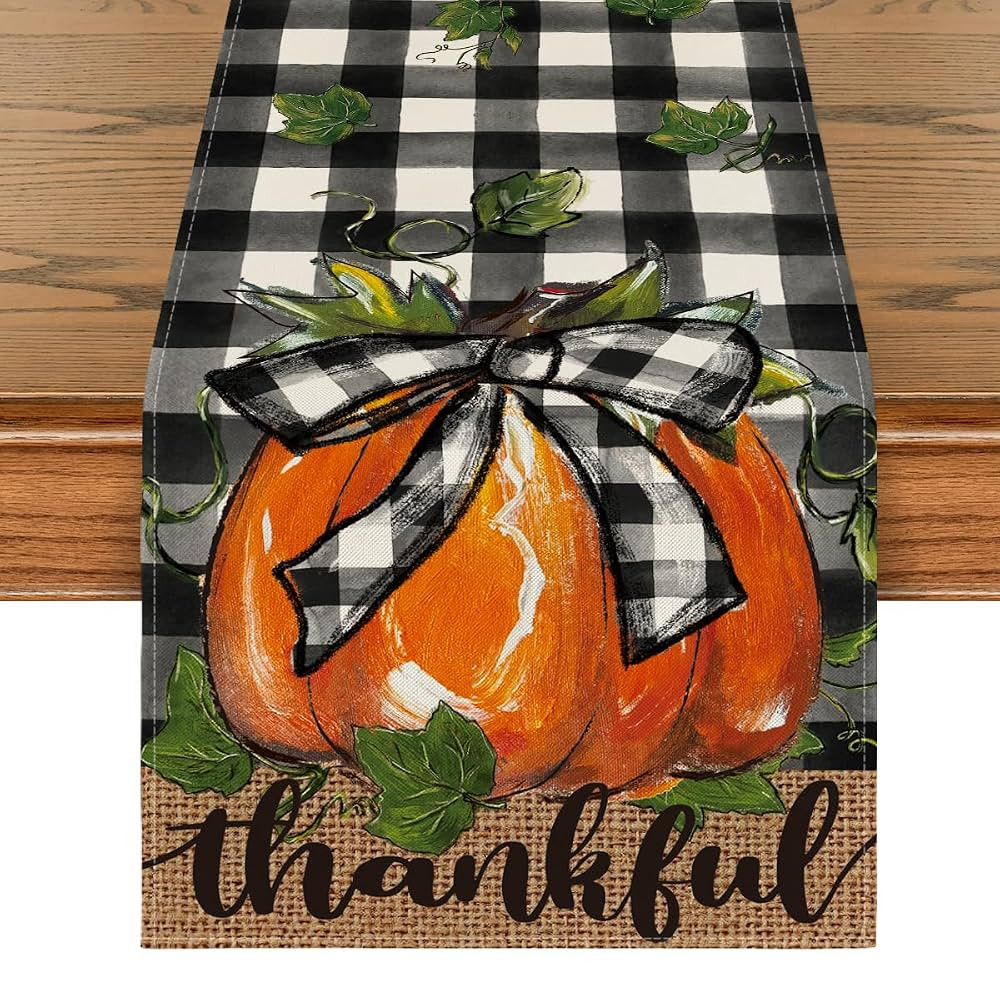 Artoid Mode Buffalo Plaid Bowknot Pumpkin Thankful Fall Table Runner, Autumn Thanksgiving Kitchen... | Amazon (US)