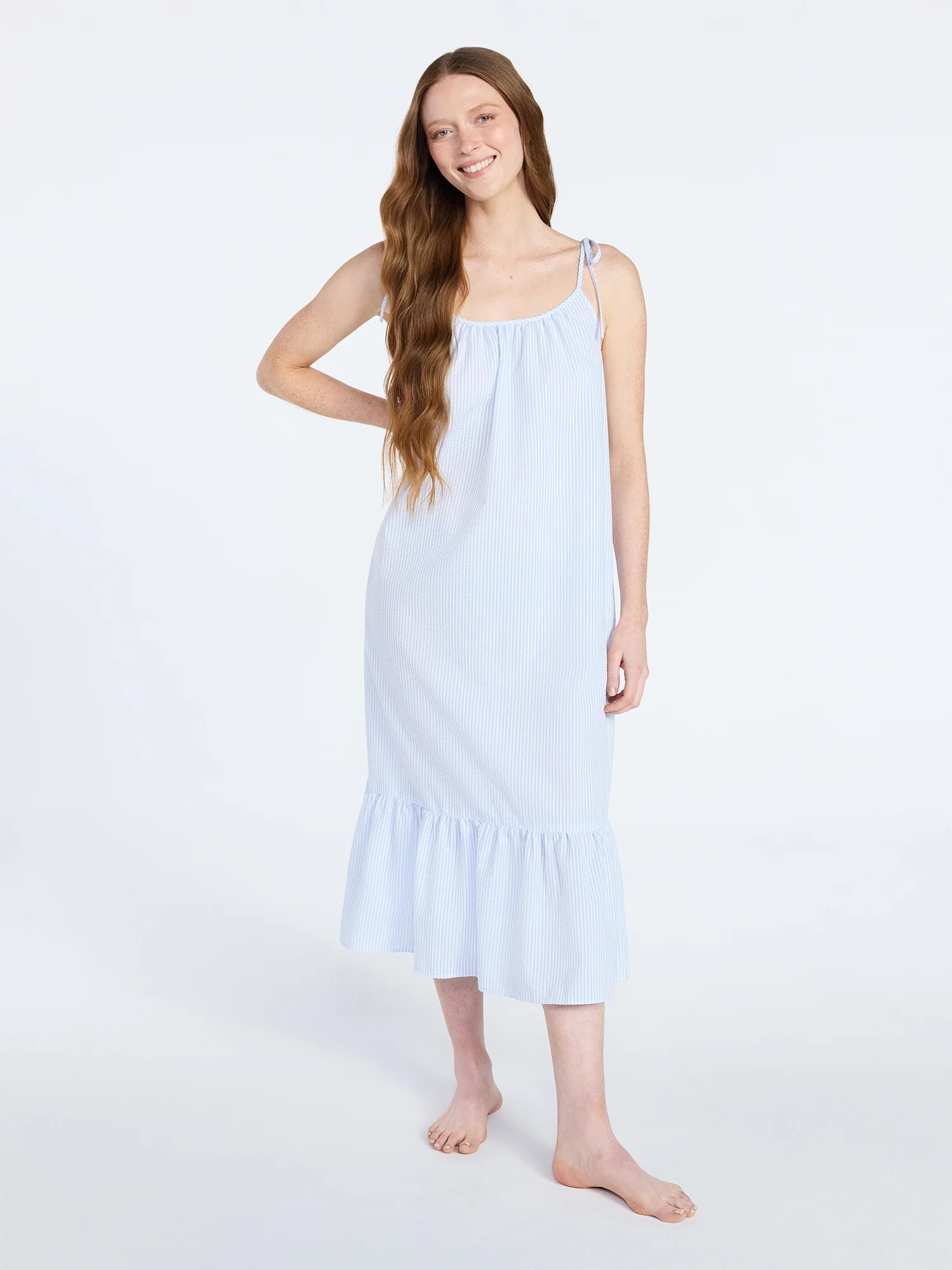 Joyspun Women's Seersucker Midi Sleep Gown with Shoulder Tie, Sizes XS to 3X | Walmart (US)