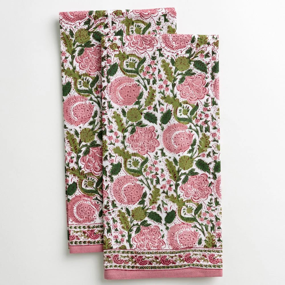 Bohemian Floral Pink & Green Kitchen Tea Towels | Block Printed | Pomegranate