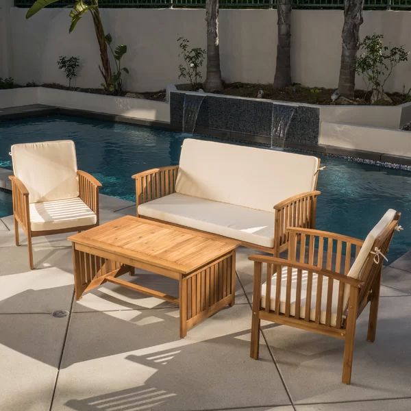 Solid Wood 4 - Person Seating Group with Cushions | Wayfair North America