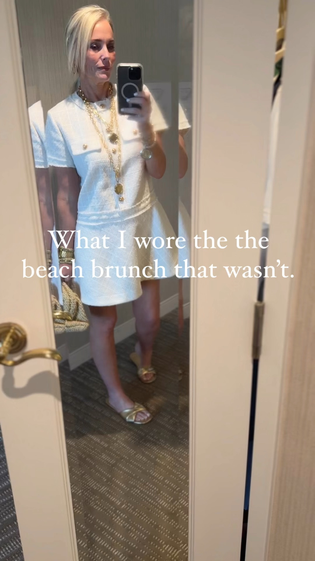 Well, the brunch didn’t happen, but I did get compliments on my outfit on the way down to the lobby. I’ll take that as a win. 

If you are petite, you’re going to want this dress from Uaneo Amazon. It is such a fun twist to the traditional classic tweed Chanel look. I paired it with gold jewelry, gold sandals, and a woven clutch from Loft. I sized up one to a large to get as much length as possible for my 5’8 self!

Link and discount code for Jennifer Ponson Designs jewelry (to die for) can’t be linked in my LTK shop, so comment the word JEWELRY, and I’ll manually send you a separate link for that.  For reference, I’m wearing the 21” and 36”necklaces and the bracelet of the Italian Treasures Coin Collection. Use code LAUREN10 for 10% off and FREESHIP for free shipping in the US. She ships outside the US for a fee. 



#LTKOver40 #LTKStyleTip #LTKFindsUnder50