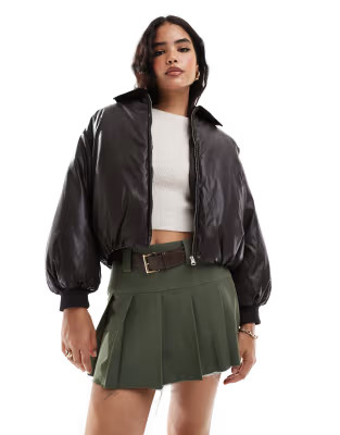 Stradivarius STR cropped faux leather puffer jacket in chocolate | ASOS (Global)