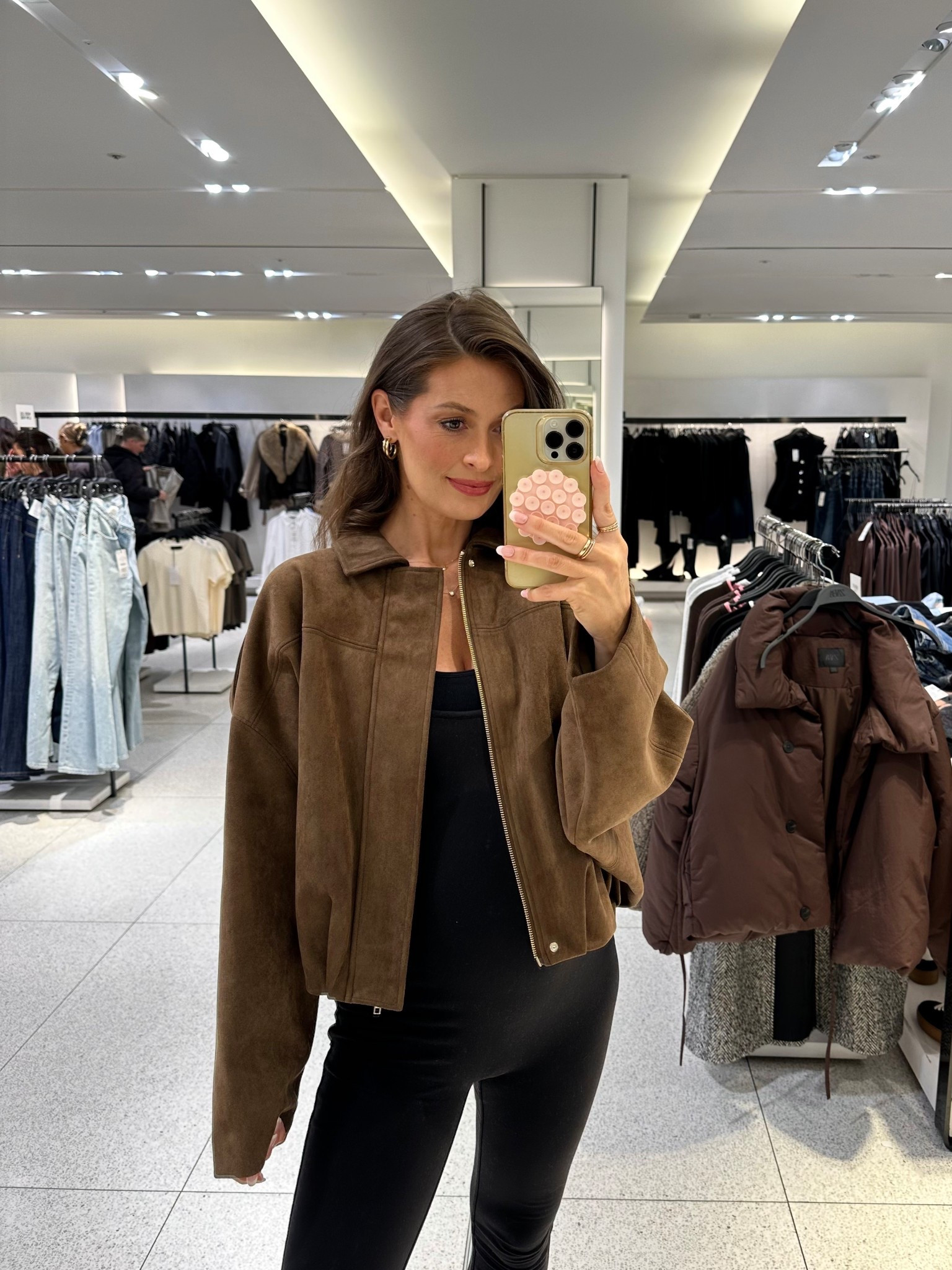 Love this chocolate brown suede bomber jacket
Also comes in green