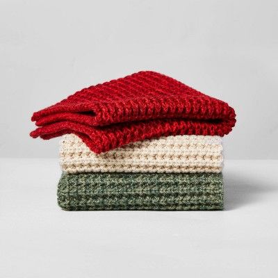 3pk Sweater Knit Dishcloth Set Red/Cream/Green - Hearth &#38; Hand&#8482; with Magnolia | Target