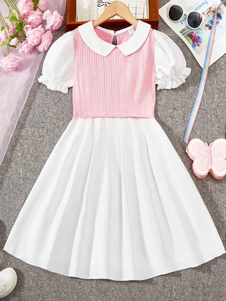 SHEIN Tween Girl Color Block Bubble Sleeve Dress | SHEIN