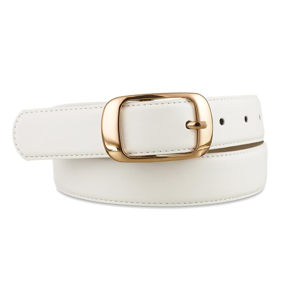 Womens White Belts with Gold Buckle Leather Belts for Women Ladies Fashion Waist Belt | Amazon (US)