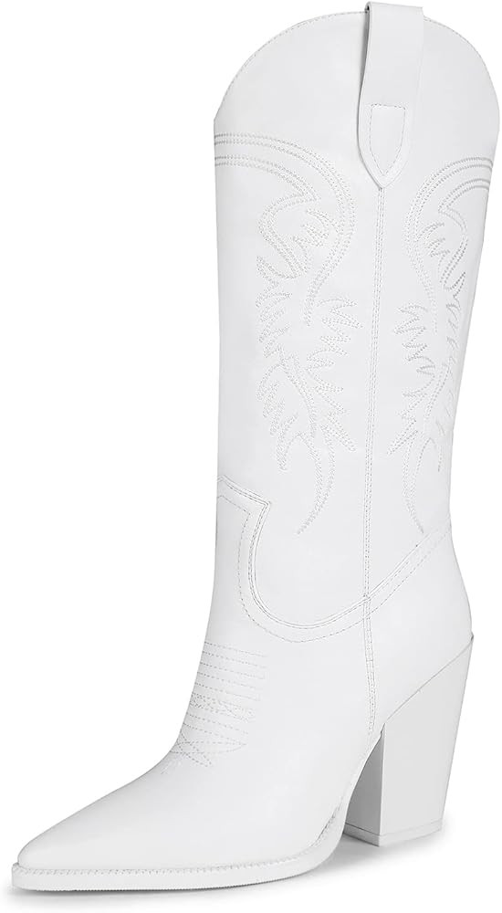 ISNOM Cowgirl Boots for Women, Embroidered Pointed Toe Chunky Heel Western Boots | Amazon (US)