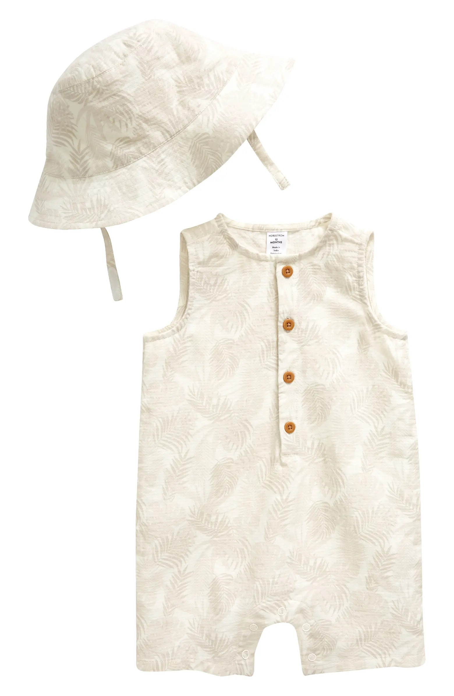 Print Cotton Henley Romper & Sun Hat Set | Nordstrom