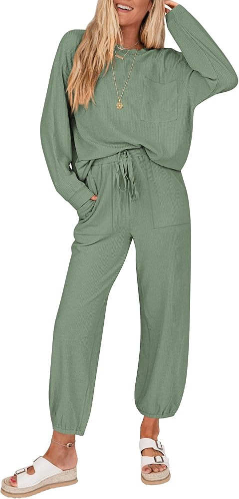 KIRUNDO Women's Spring 2 Piece Outfits Ribbed Knit Lounge Sets Long Sleeve Pullover Drawstring Jo... | Amazon (US)