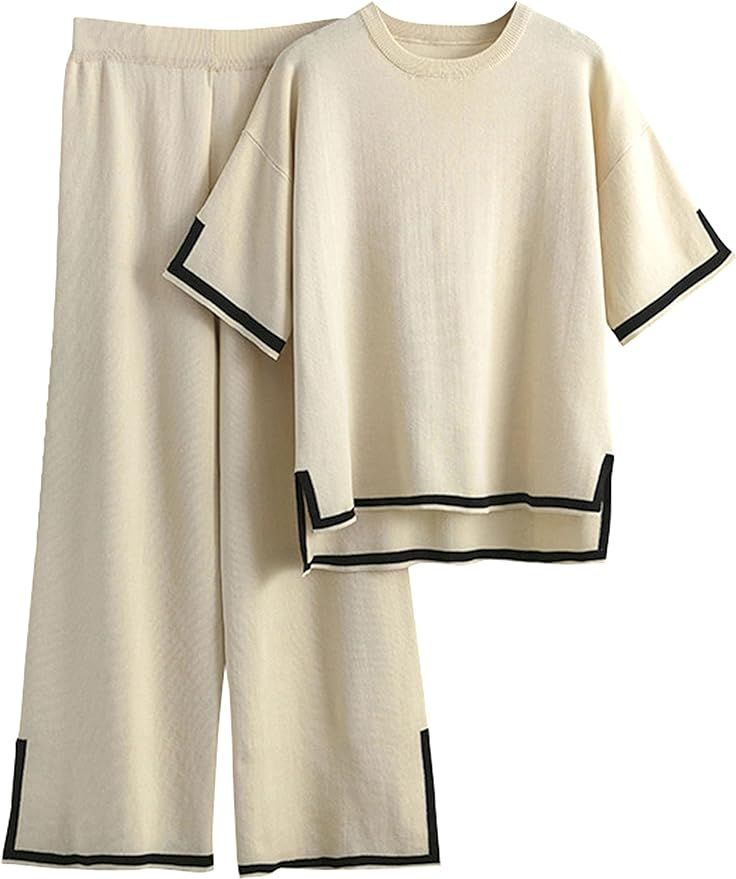 Faleave Womens Knit 2 Piece Sweater Sets Short Sleeve Pullover Tops Elastic Waist Wide Leg Pants ... | Amazon (US)