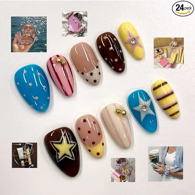 Medium Almond Press On Nails - Cute Pastel Polka Dots, Stripes & Star Design, Retro Y2K Style,24P... | Amazon (US)
