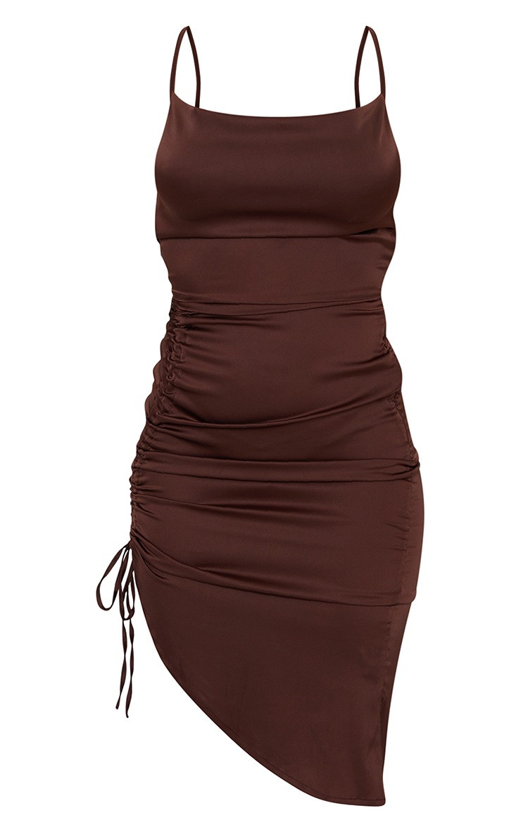 Chocolate Satin Strappy Ruched Side Midi Dress | PrettyLittleThing US