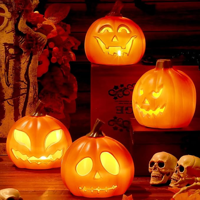 Pinkunn 4 Pcs LED Jack O Lantern,Orange Light,5.25 Inch,Ugly Face | Lighted Pumpkin Lanterns for ... | Amazon (US)