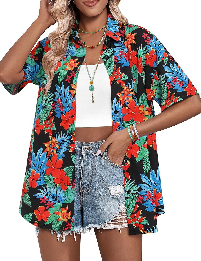 HOTOUCH Womens Hawaiian Shirts Button Up Casual Floral Tropical Shirt Summer Beach Shirt Cool Sho... | Amazon (US)