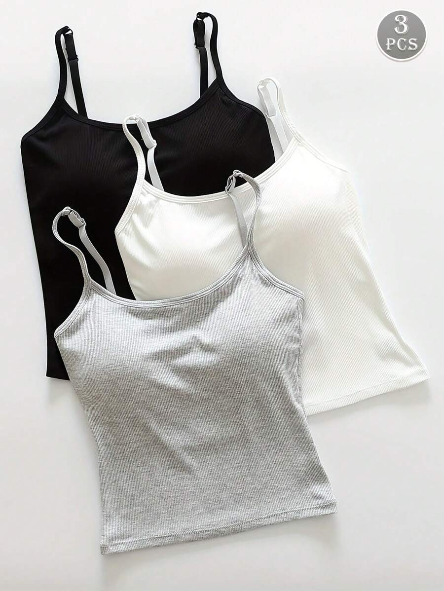 3pcs Women Plain Ribbed Camisole With Padded Bra, Casual Skinny Crop Top, Workout | SHEIN