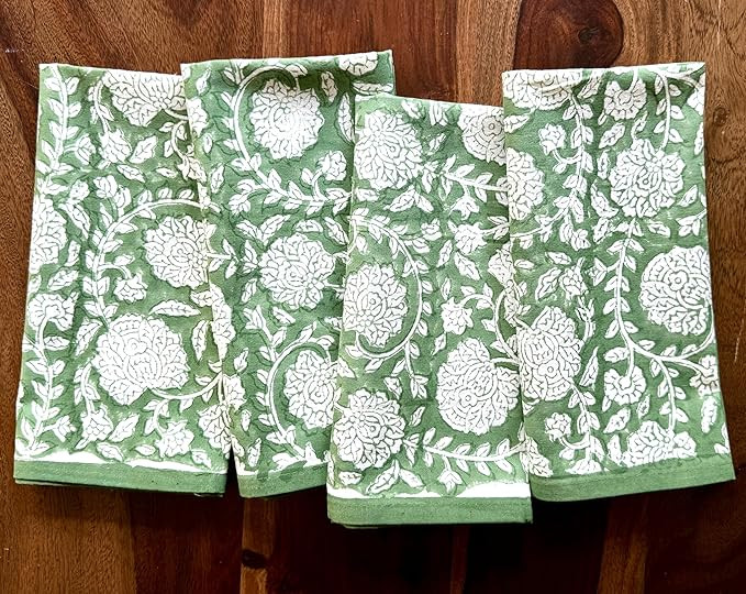 ATOSII Shalimar Green 100% Cotton Fall Cloth Designer Dinner Napkins, Handblock Print, Washable D... | Amazon (US)