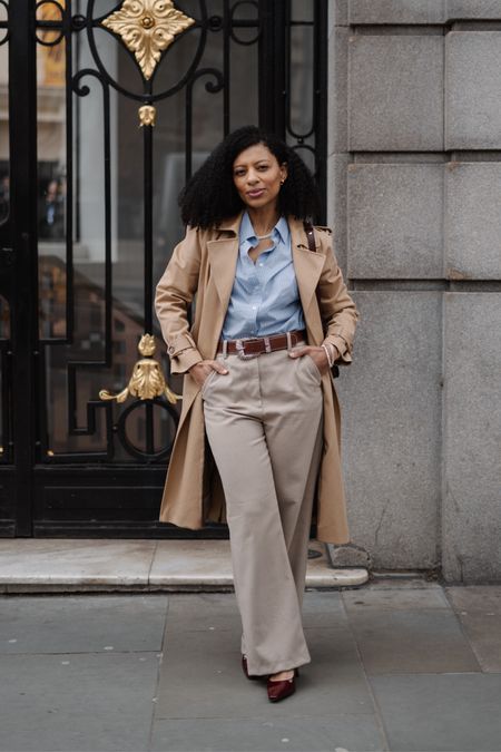 Spring Outfit with wardrobe staples: blue  shirt, wide leg trousers and trench coat. 



#LTKstyletip #LTKSeasonal #LTKover40