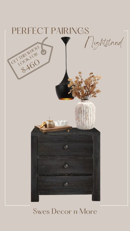 Perfect Pairings...a nightstand and decor. 

Nightstand pendant, textured white vase, artificial rust color stems, wood riser, black wood nightstand with drawers, scalloped white bowl, mercury glass candle with lid

#LTKunder50 #LTKhome #LTKSeasonal