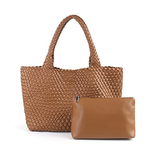 wxvvfe Woven Tote Bag Womens Purse Woven Bags for Women Large Summer BeachTote Bags Vegan Leather Shoulder Handbags Travel Totes Brown | Amazon (US)