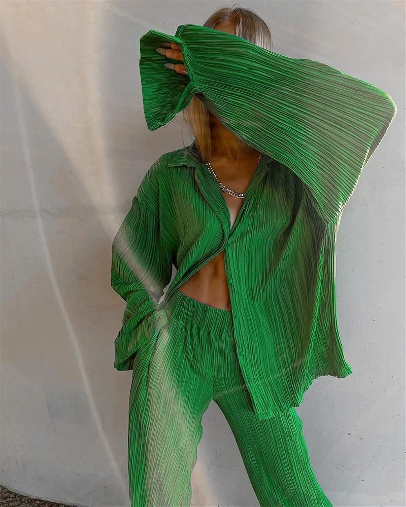 Women 2 Piece Dressy Outfits Casual Long Sleeve Loose Fit Button Down Shirts Blouses Tops Wide Le... | Amazon (US)