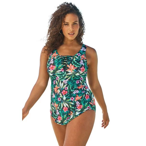 Swimsuits For All Women's Plus Size Sarong-Front Swimsuit 18 Oasis Floral - Walmart.com | Walmart (US)