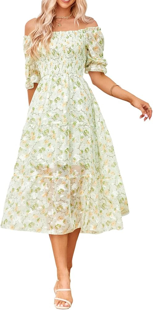 Sissyaki Women's Square Neck Tiered Long Dress Short Sleeve High Waist Smocked Midi Dress | Amazon (US)