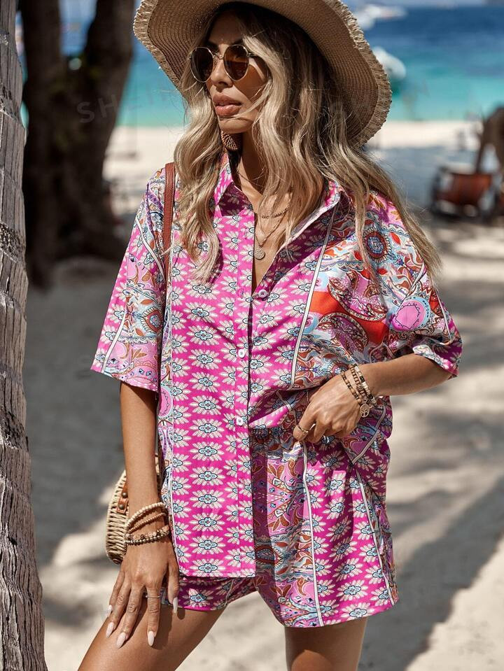 SHEIN VCAY Allover Print Drop Shoulder Shirt & Shorts | SHEIN