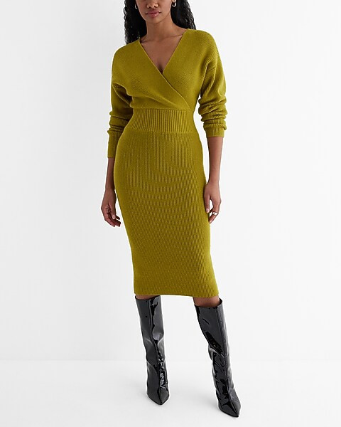 Ribbed V-Neck Surplice Midi Sweater Dress | Express