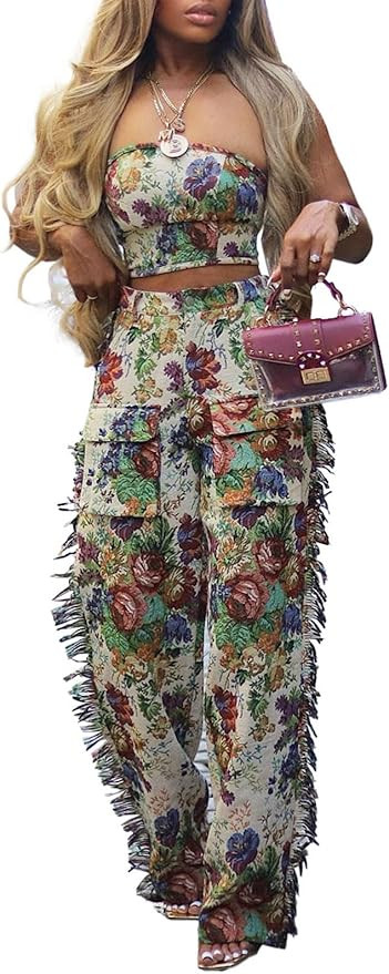 KANSOON Two Piece Sets for Women Summer Outfits Allover Floral Print Sleeveless Strapless Crop Tu... | Amazon (US)