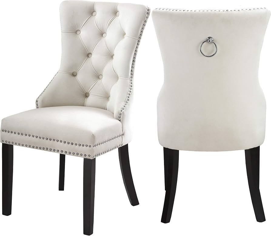 Meridian Furniture Nikki Collection Modern | Contemporary Velvet Upholstered Dining Chair with Wood Legs, Button Tufting, and Chrome Nailhead Trim, Set of 2, 23" W x 23" D x 40" H, Cream | Amazon (US)