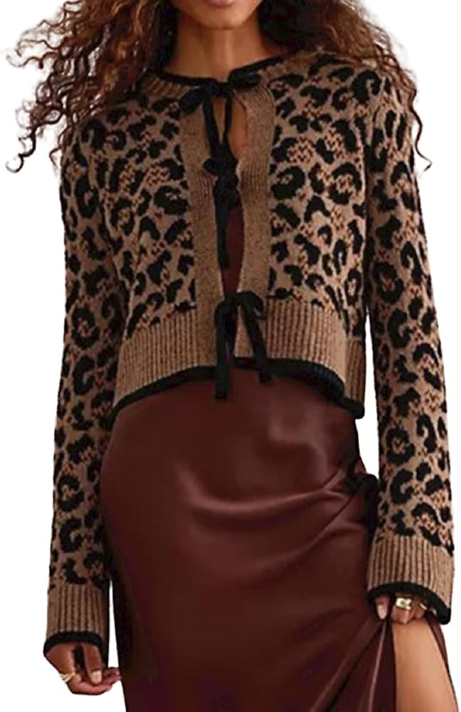 Women Bow Tie Front Crop Cardigan Long Sleeve Cardigan Sweater Open Front Round Neck Knit Top 202... | Amazon (US)