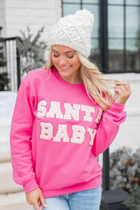 Santa Baby Pink Chenille Patch Graphic Sweatshirt | Pink Lily