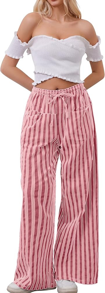 Women Drawstring Stripe Wide Leg Casual Trousers Striped Low Rise Casual Loose Lounge Pants with ... | Amazon (US)