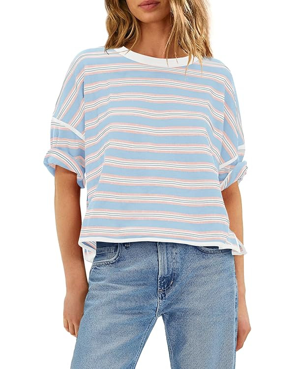 Panadila Womens Striped Shirt Short Sleeve Tops Summer Casual Oversized Tshirts Crew Neck Boxy Te... | Amazon (US)