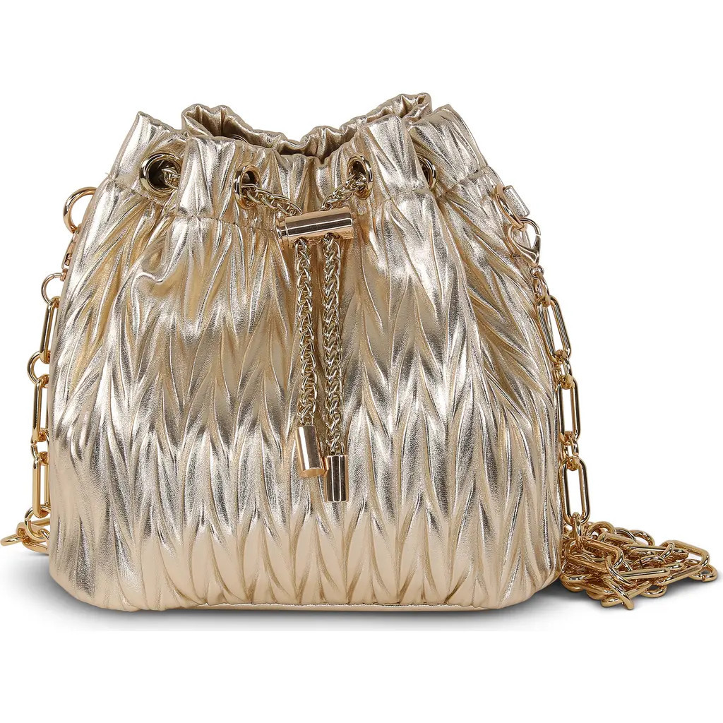 Jewel Badgley Mischka Diana Chevron Pleated Metallic Bucket Bag in Gold at Nordstrom, Size Medium | Nordstrom